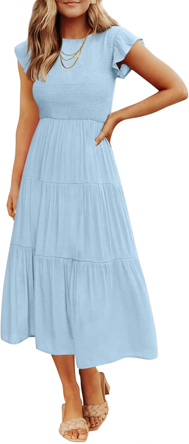 ZESICA Women's 2025 Summer Casual Flutter Short Sleeve Crew Neck Smocked Elastic Waist Tiered Midi Dress