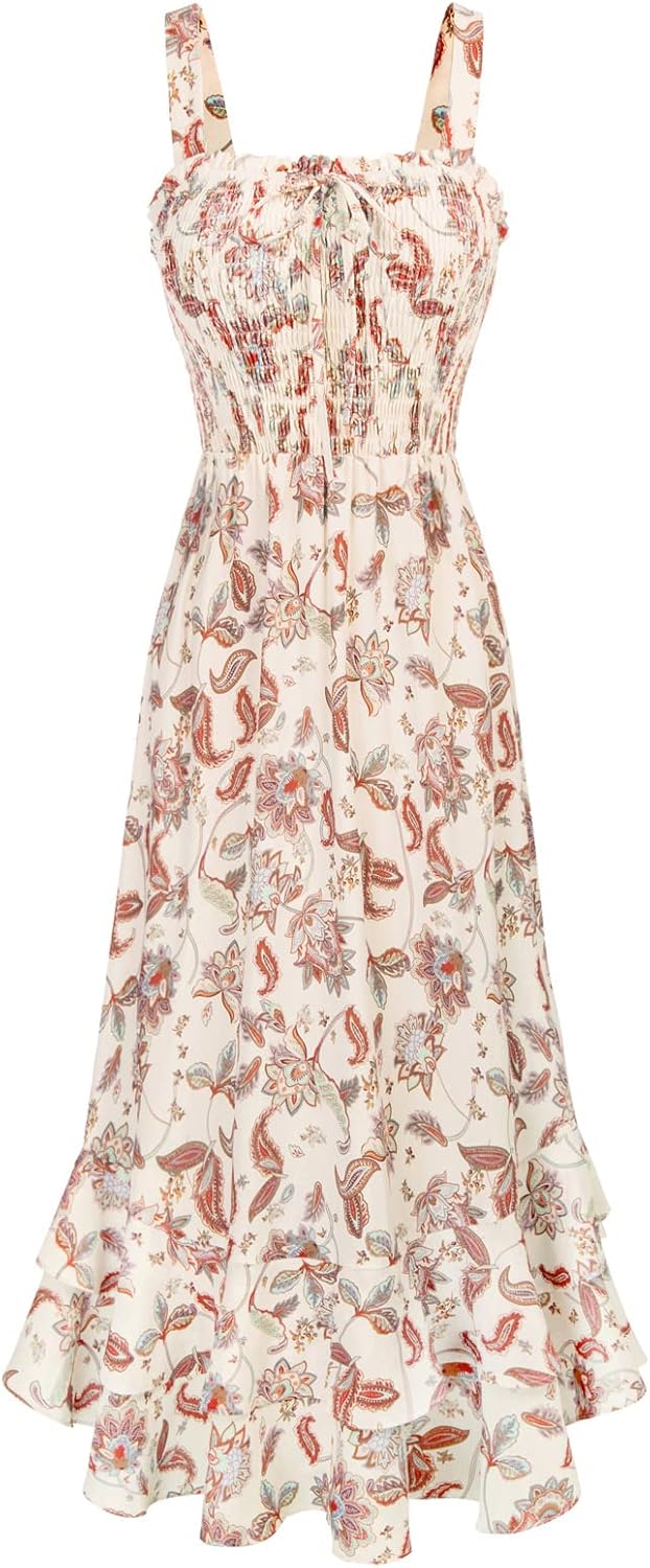 GRACE KARIN Women's 2025 Summer Floral Boho Dress Square Neck Strapped Swing A Line Sundress Beach Long Maxi Outfits