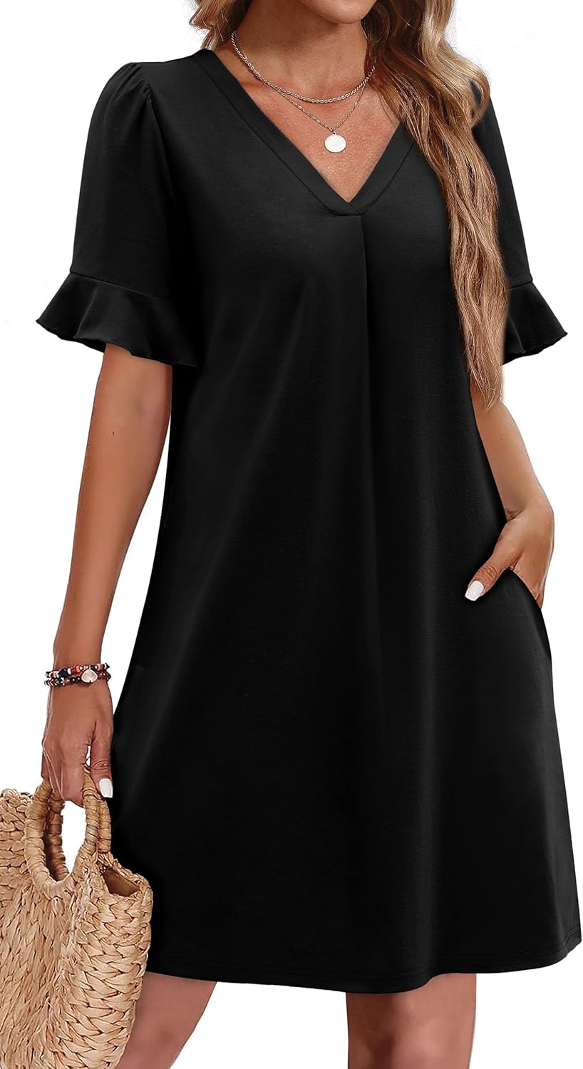 OFEEFAN Summer Dresses for Women Ruffle Short Sleeve V Neck Casual Shift Dress with Pockets