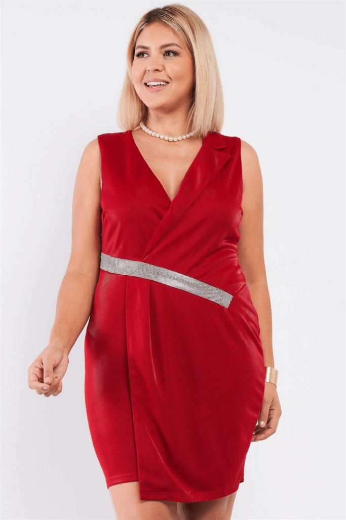 woman wearing red party dresses that hide belly bulge